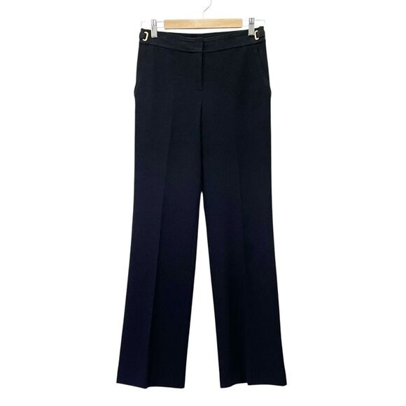 St. John Black Wide Leg Dress Pants Size 2 Nordstrom Gold Buckle Trim USA Made - Picture 2 of 11